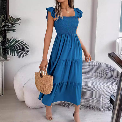 Summer Dress Casual Women's Sleeveless Mid-length Dress Pleated Long Layered Dress