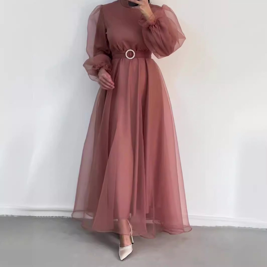 Half Turtleneck Mesh Elegant Slimming Lantern Sleeves Dress