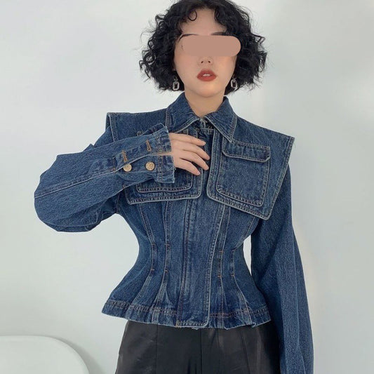 Cape Pocket Decoration Pleated Zipper Denim Coat