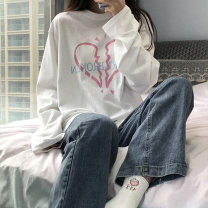 Love Print Long Sleeve T-shirt Women Loose Bottoming Top