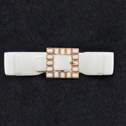 New Women's Wide Belt Black And White Square Drill High Elastic Elastic Senior Needle Buckle Waist Seal With Autumn And Winter Coat Belt