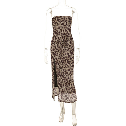 Leopard Print Tube Top Off-neck Side Split Dress