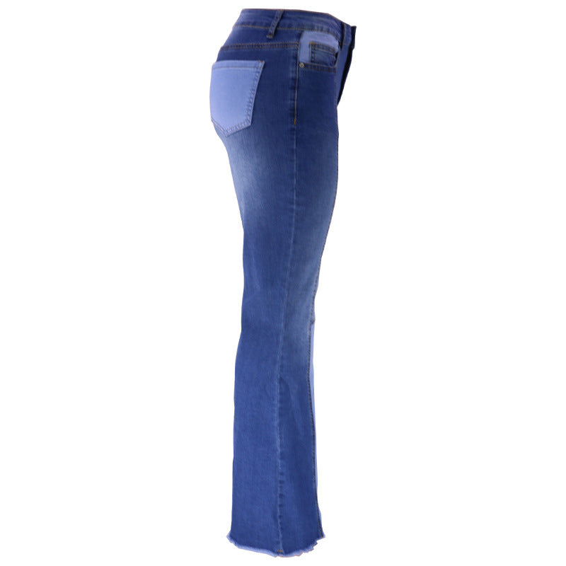 Women's Contrast Color High Waist Wash Fashion Flared Jeans