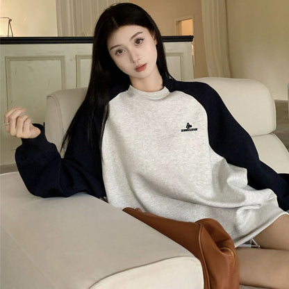 Letter Embroidery Contrast Color Loose Mid-length Long Sleeve Top