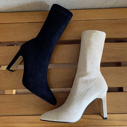 Square heel mid-tube high heels