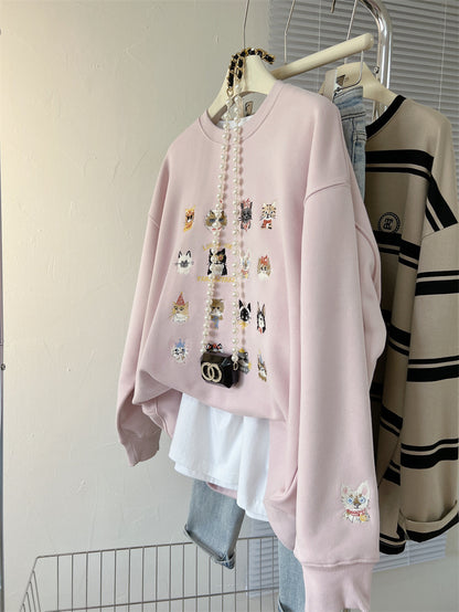 Full Printed Kitten Embroidery Street Fashion Women's Sweater Coat