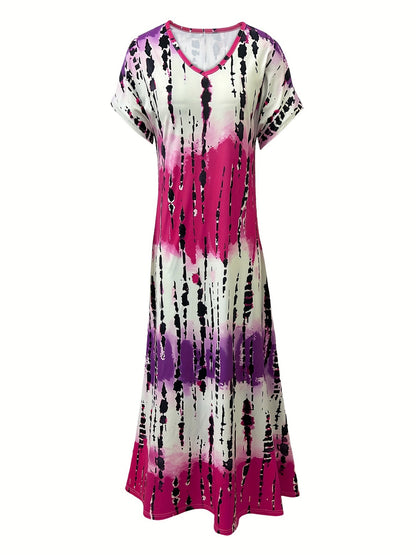 Summer Casual V-neck Short Sleeve Loose Tie-dye Printing Dress