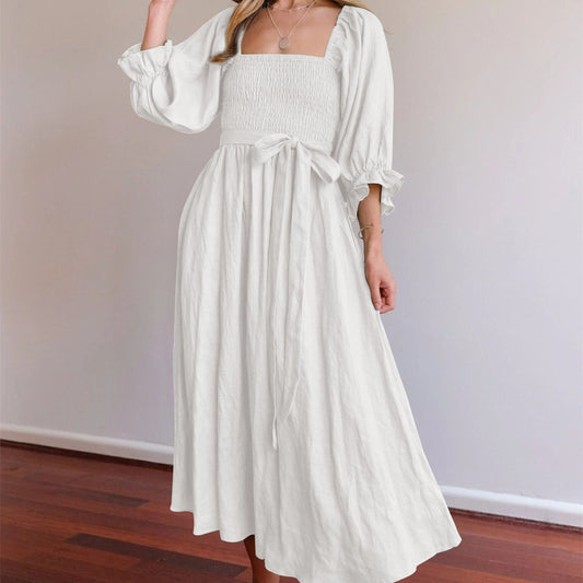 Women's Rope Belt Ruffled Lantern Sleeves Dress