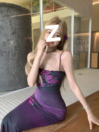 Purple Printed Slim-fit Sling Dress Women's Design Sense Temperament Long Dress Figure Slimming Waist Hip Skirt