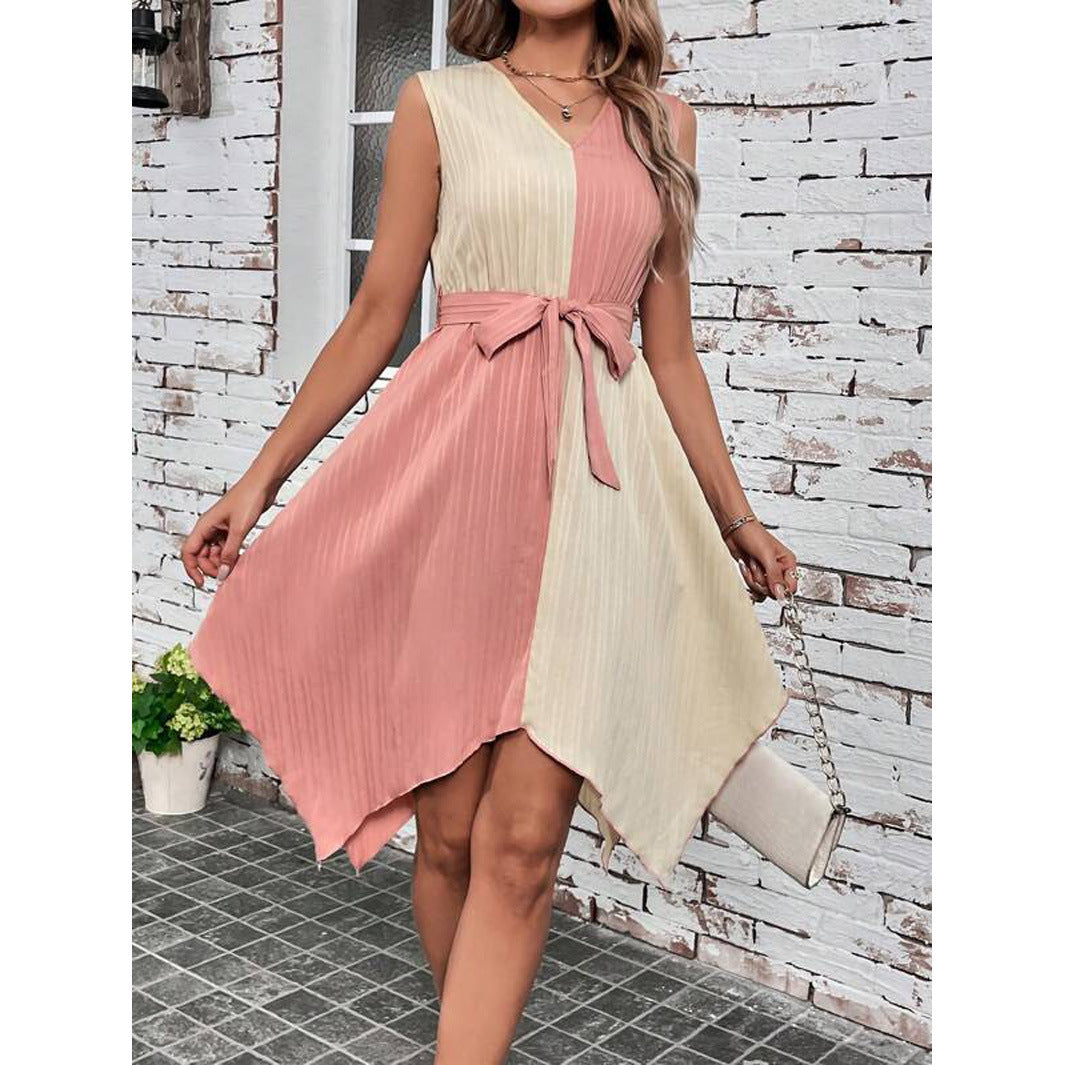 V-collar Contrast Color Asymmetric Hem Drawstring Dress