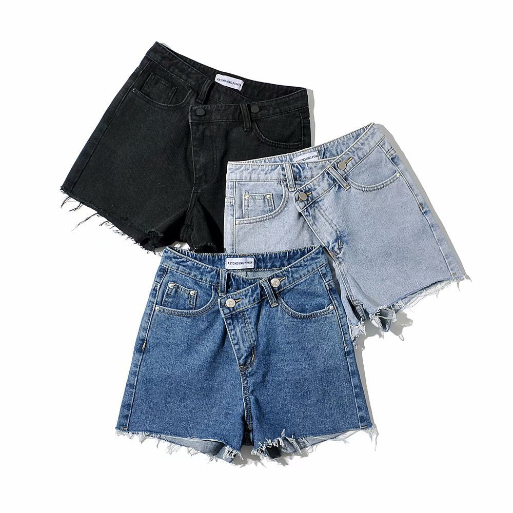 European And American Asymmetrical Slanted Denim Shorts