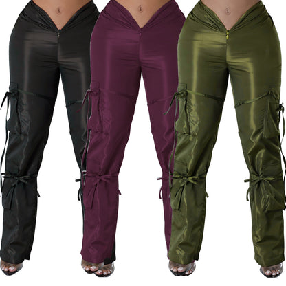 Women's Zipper Closure Strap Solid Color Green Casual Trousers