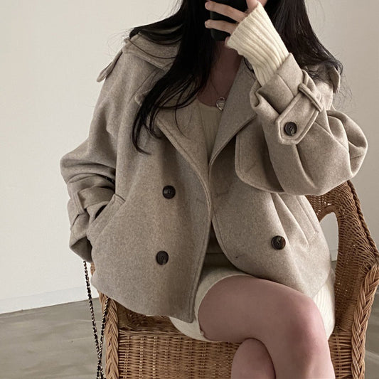 Suit Collar Double Breasted Loose All-match Long Sleeve Short Woolen Coat