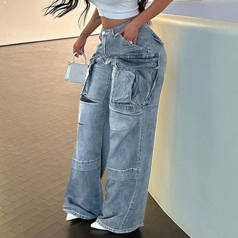 Women's Large Pocket Stitching Tooling High Waist Straight Jeans