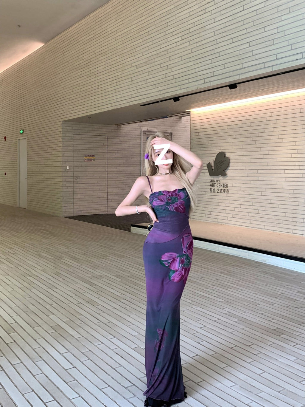 Purple Printed Slim-fit Sling Dress Women's Design Sense Temperament Long Dress Figure Slimming Waist Hip Skirt