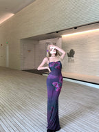 Purple Printed Slim-fit Sling Dress Women's Design Sense Temperament Long Dress Figure Slimming Waist Hip Skirt