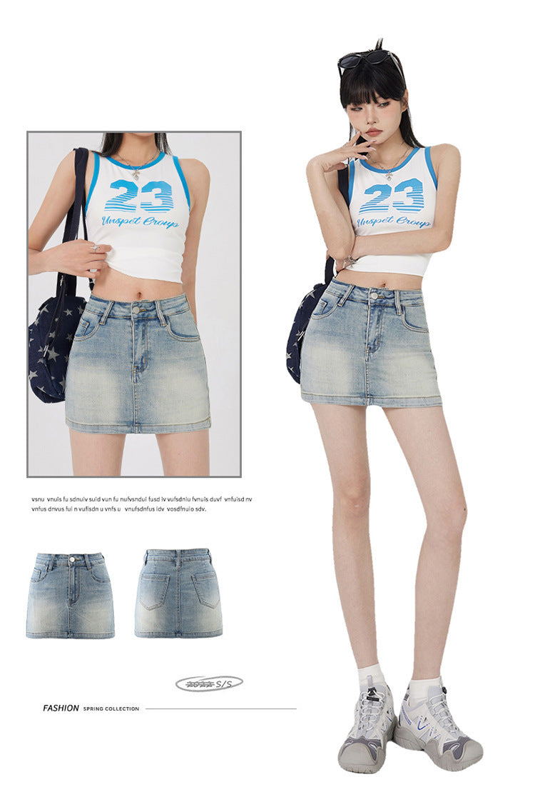 High Waist Denim Skirt Women's Bag Hip A- Line Skirt