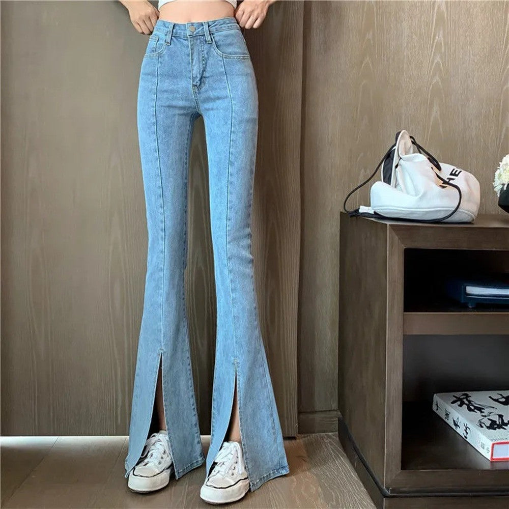 Women's High Waist Slim Slit Jeans Micro Flared Pants