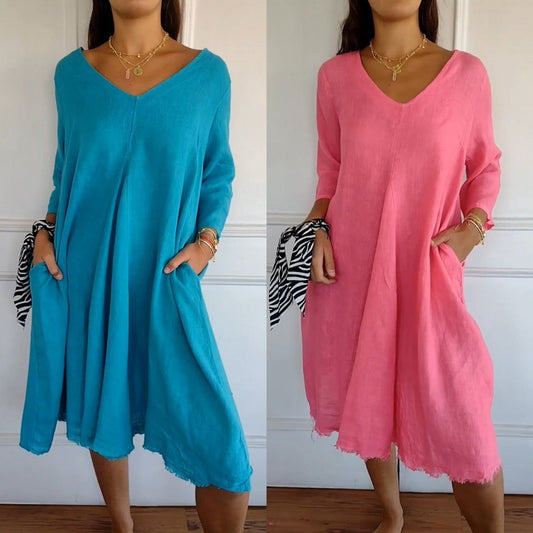 Spring And Summer Loose-fitting Plus Size V-neck Mid-length Dress