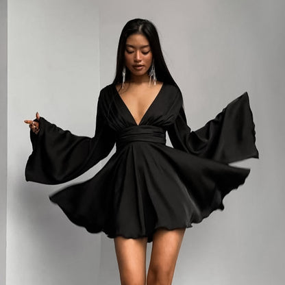 Satin Black V-neck Bell Sleeve Slim Fit Dress