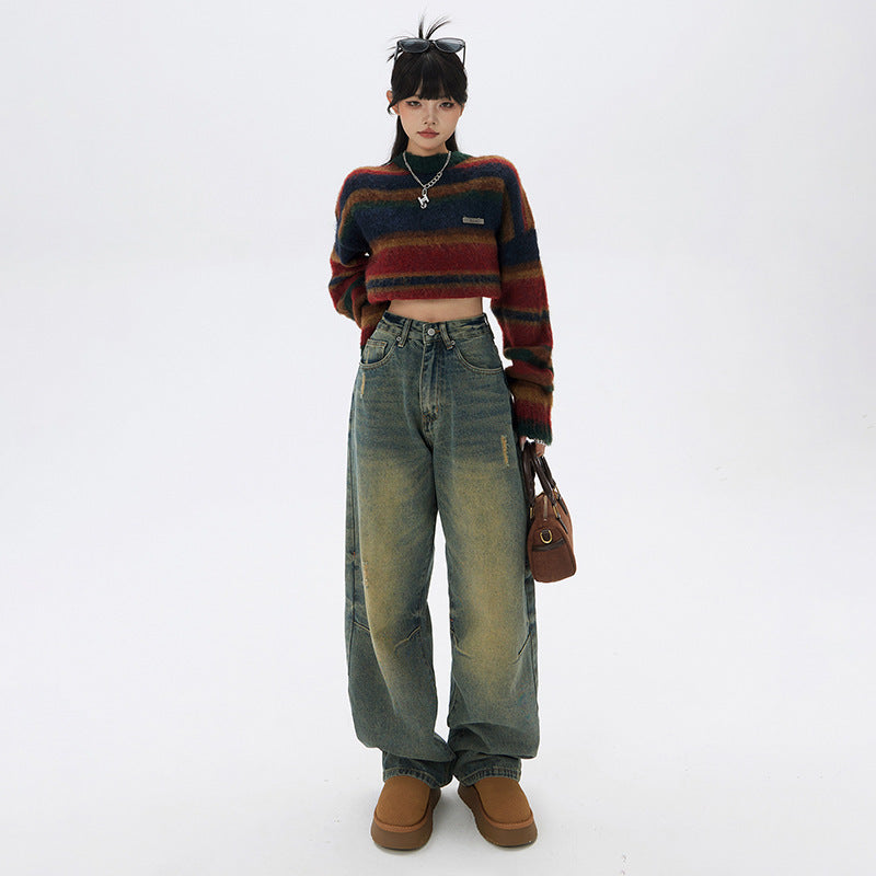 Retro Nostalgic Loose Wide-leg Jeans High Waist Slimming Drooping Straight Mop Pants