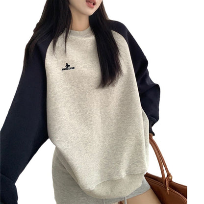 Letter Embroidery Contrast Color Loose Mid-length Long Sleeve Top