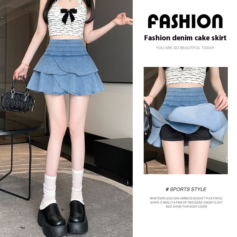 Denim Skirt Elastic Waist Lotus Leaf Border Light Skirt