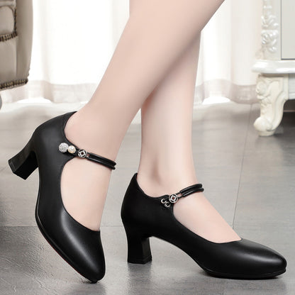 Mom Shoes High Heel Pumps Women's Middle-aged Shoes With Buckle Mid Heel Women's Leather Shoes