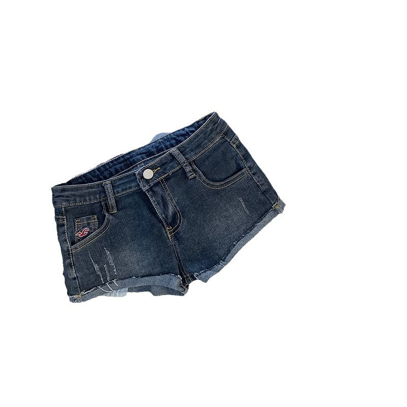 Low Waist Curling Washed Denim Super Short Shorts