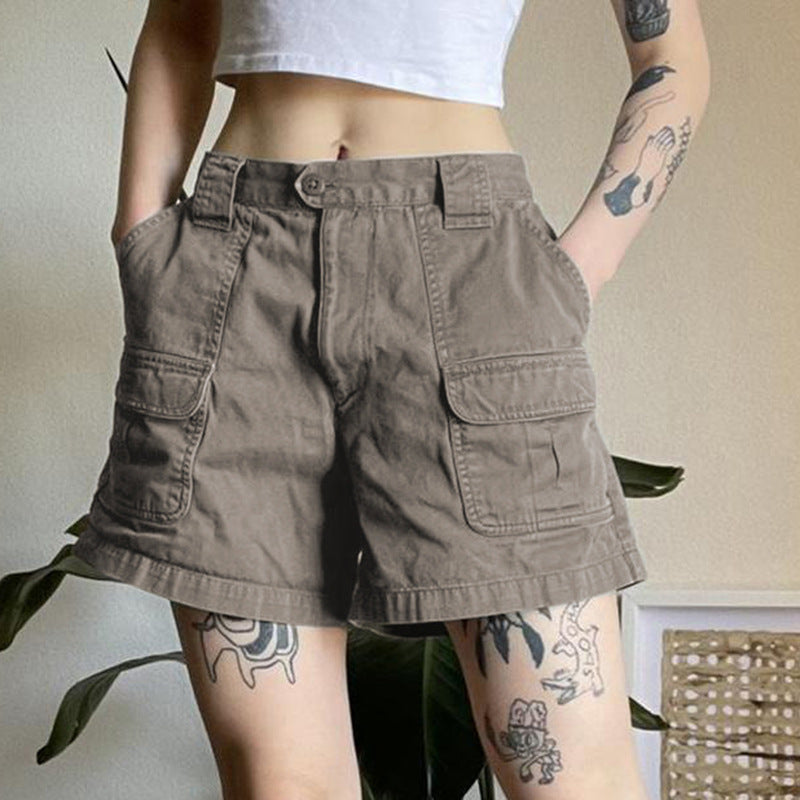 High-waisted Solid Color Multi-pocket Cargo Jean Shorts Female