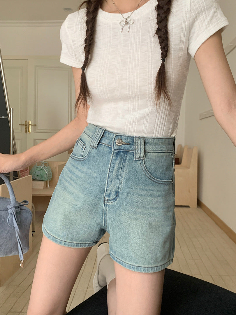 Women's Four Sided Elastic Light Colored High Waisted Denim Shorts