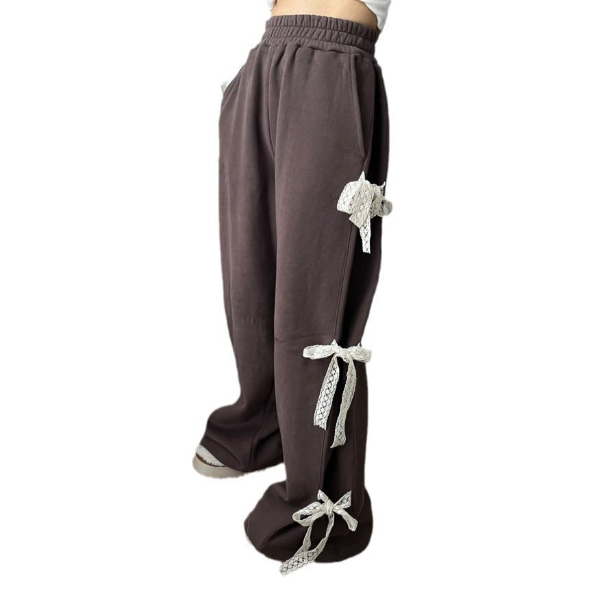 All-matching Elastic Waistband Side Lace Casual Fleece-lined Sweater Pants