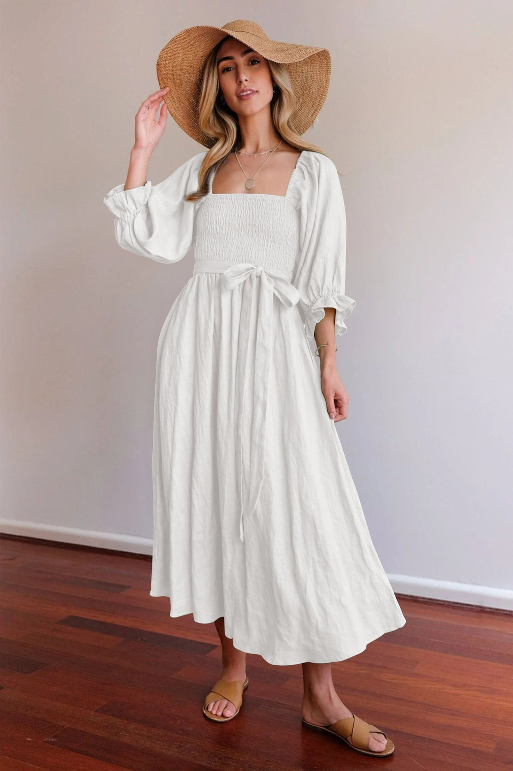 Women's Rope Belt Ruffled Lantern Sleeves Dress