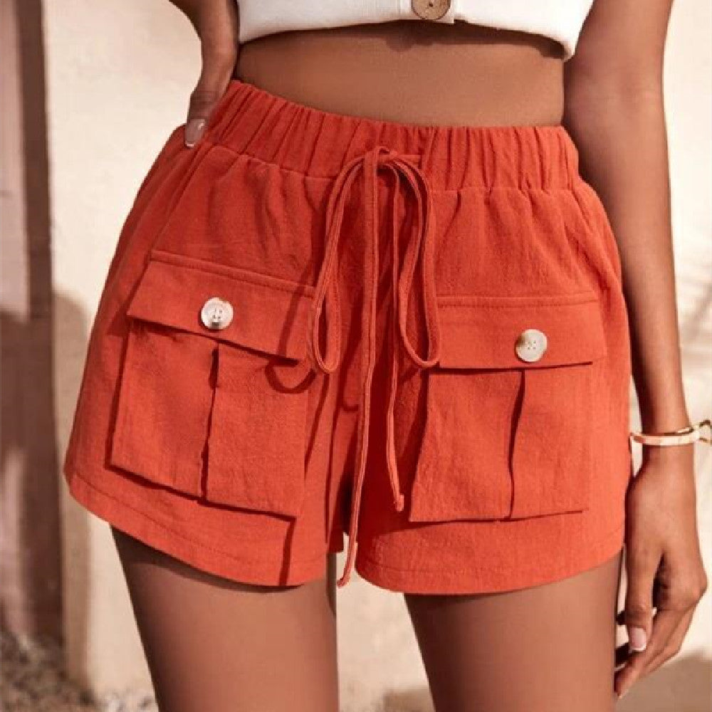 Women's Pocket Loose Mid Waist Drawstring Leisure Cargo Short