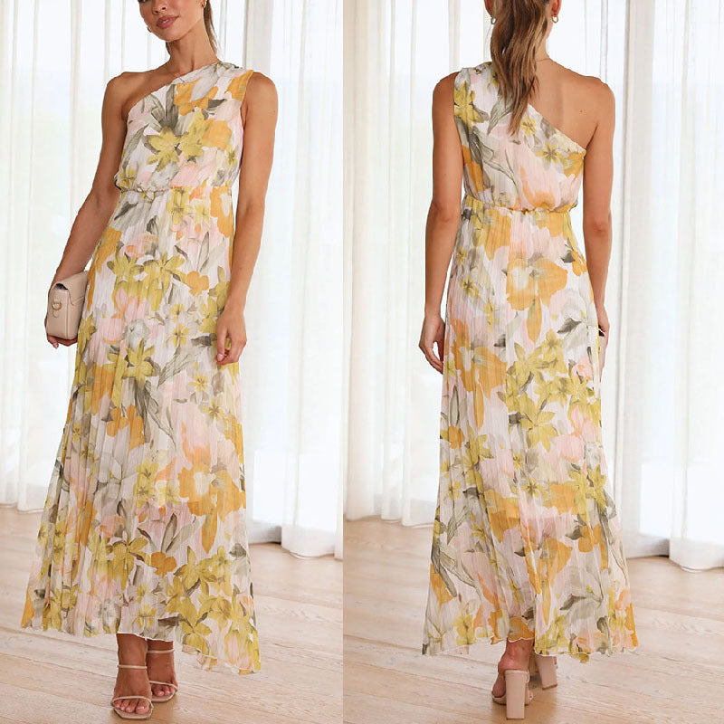 Summer Printed Oblique Shoulder Folding Elastic Waist Vacation Dress