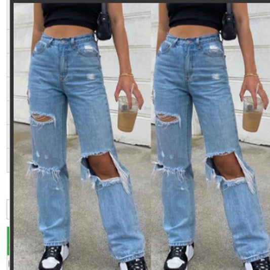 Fashion High Waist Ripped Wide Leg Thin Jeans Women