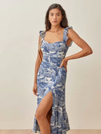French Vintage Ruffled Shoulder Strap Slim Fit Slimming Slit Sling Dress