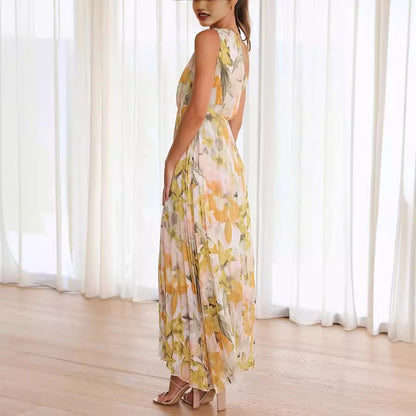 Summer Printed Oblique Shoulder Folding Elastic Waist Vacation Dress