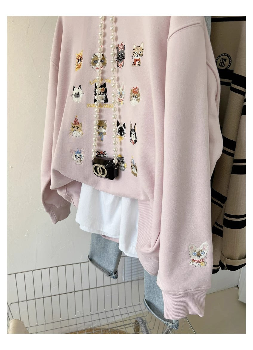 Full Printed Kitten Embroidery Street Fashion Women's Sweater Coat