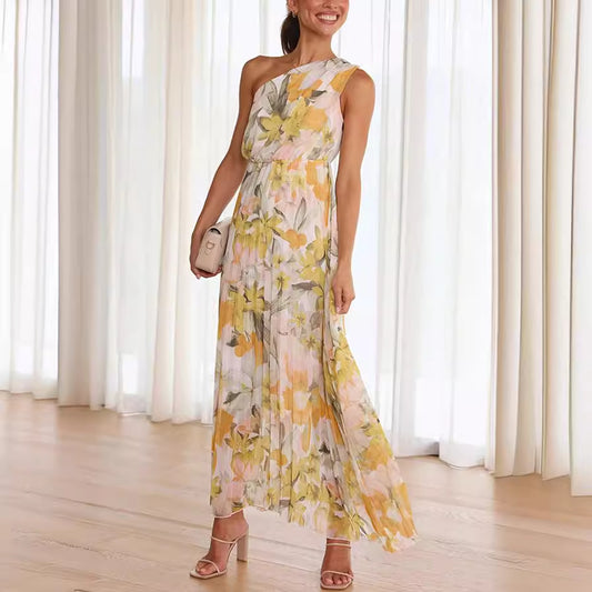 Summer Printed Oblique Shoulder Folding Elastic Waist Vacation Dress