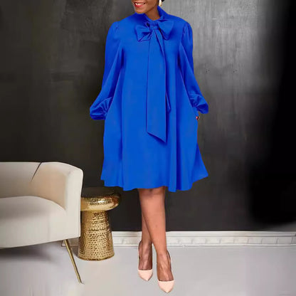 Women's Pure Color Tied Bow Lantern Long Sleeve Dress