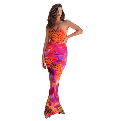 Elegant Printed Sleeveless Tight High Waist Long Dress