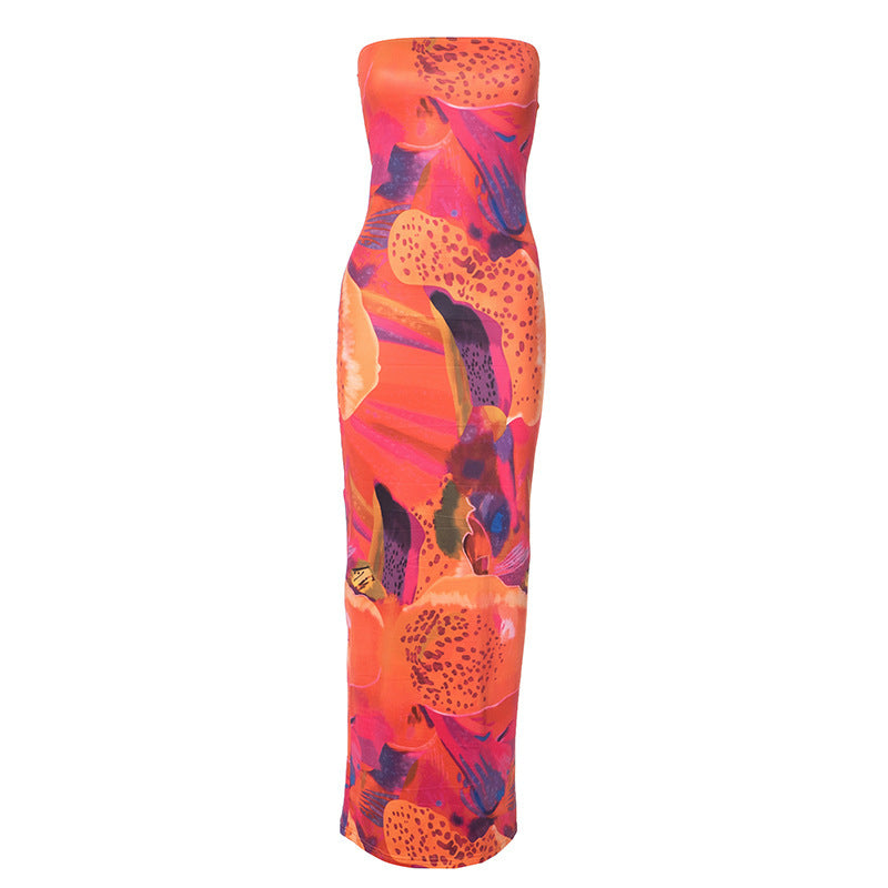 Elegant Printed Sleeveless Tight High Waist Long Dress