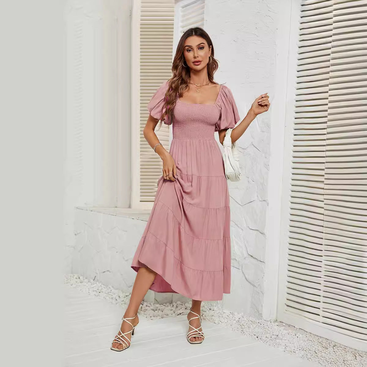 Summer Square Collar Backless Puff Sleeve Dress Women