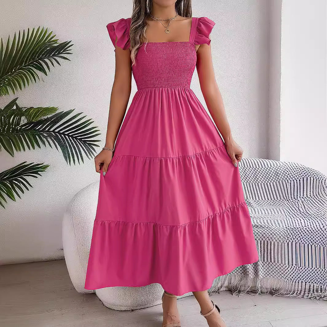 Summer Dress Casual Women's Sleeveless Mid-length Dress Pleated Long Layered Dress