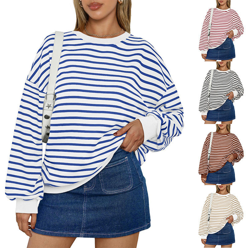 Women's Colorful Striped Round Neck Loose Sweatshirt