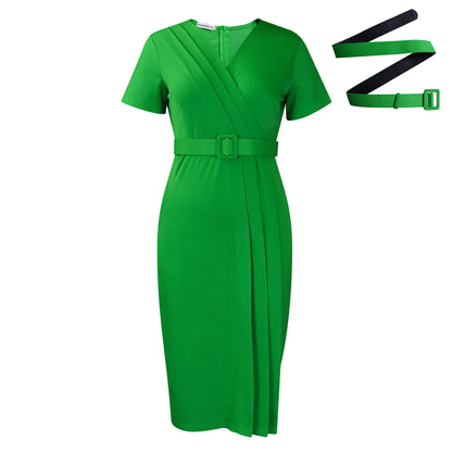 Women's Short Sleeve V-neck Tight Waist Solid Color Commute Dress