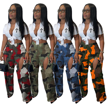 Fashion Digital HD Printing Hole Cross Straight-leg Overalls