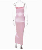 Solid Color Style Satin Sling Mid Split Dress Women