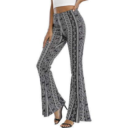 Meilaoshi New Bohemian Style Bell-bottom Pants Women's Ethnic Style Fashion Casual Stretch